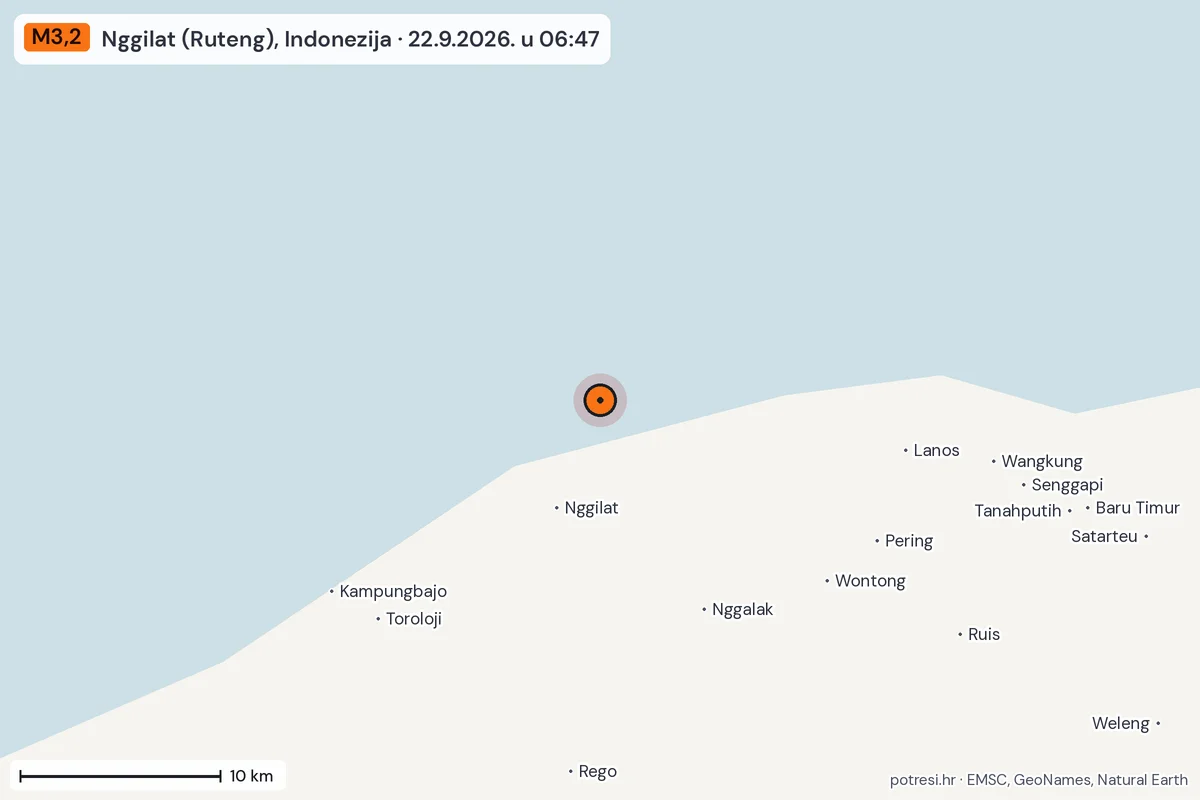 Karta: okolica epicentra, 60 km, potres M3,2, Nggilat (Ruteng), Indonezija, 22.9.2026.