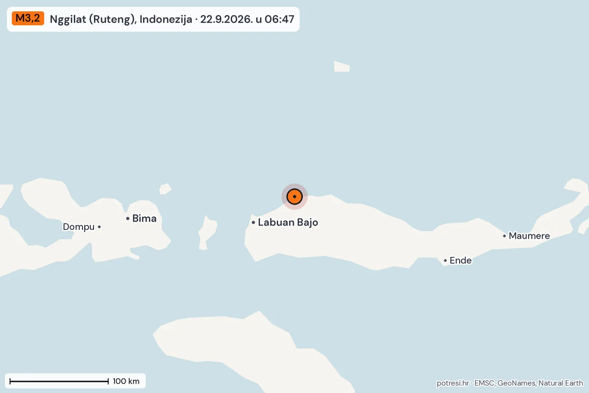 Karta: šire područje, 600 km, potres M3,2, Nggilat (Ruteng), Indonezija, 22.9.2026.