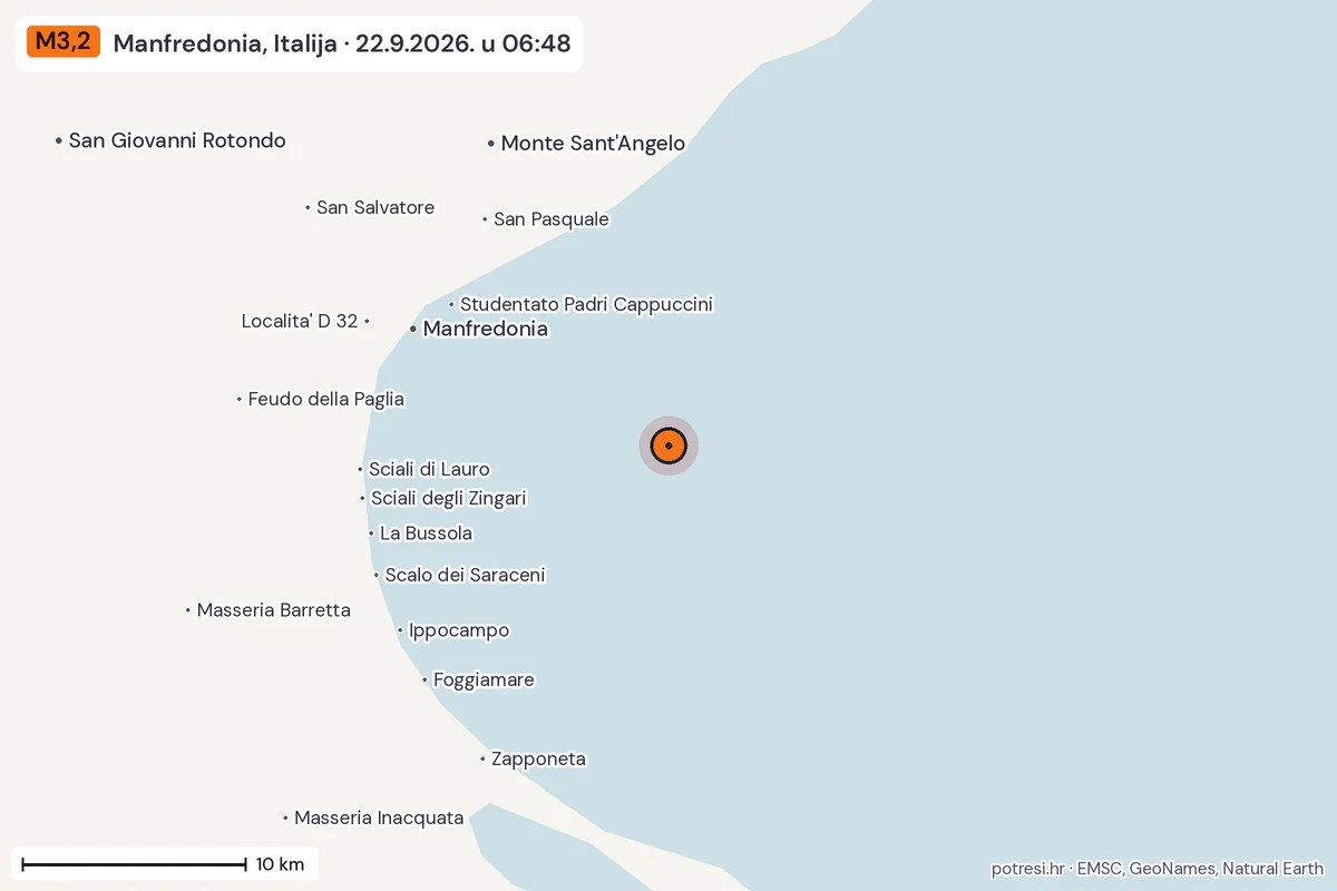 Karta: okolica epicentra, 60 km, potres M3,2, Manfredonia, Italija, 22.9.2026.