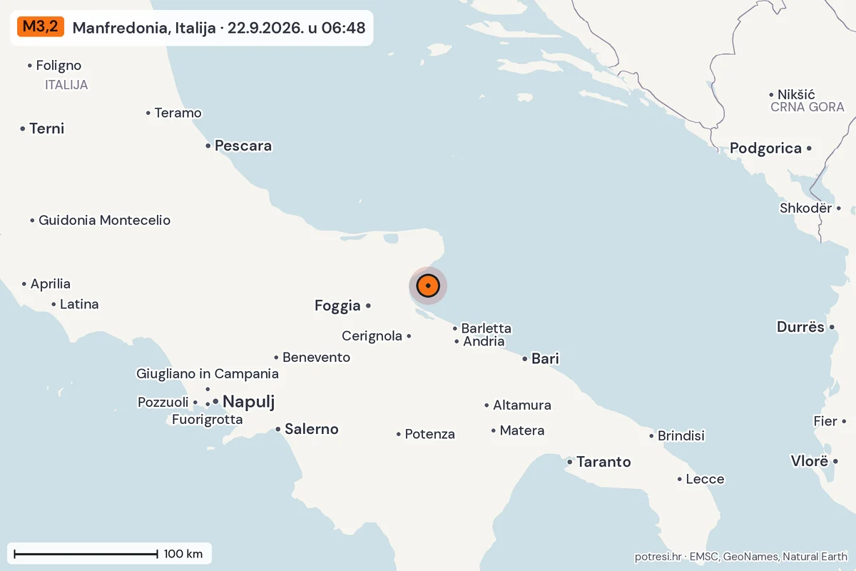 Karta: šire područje, 600 km, potres M3,2, Manfredonia, Italija, 22.9.2026.
