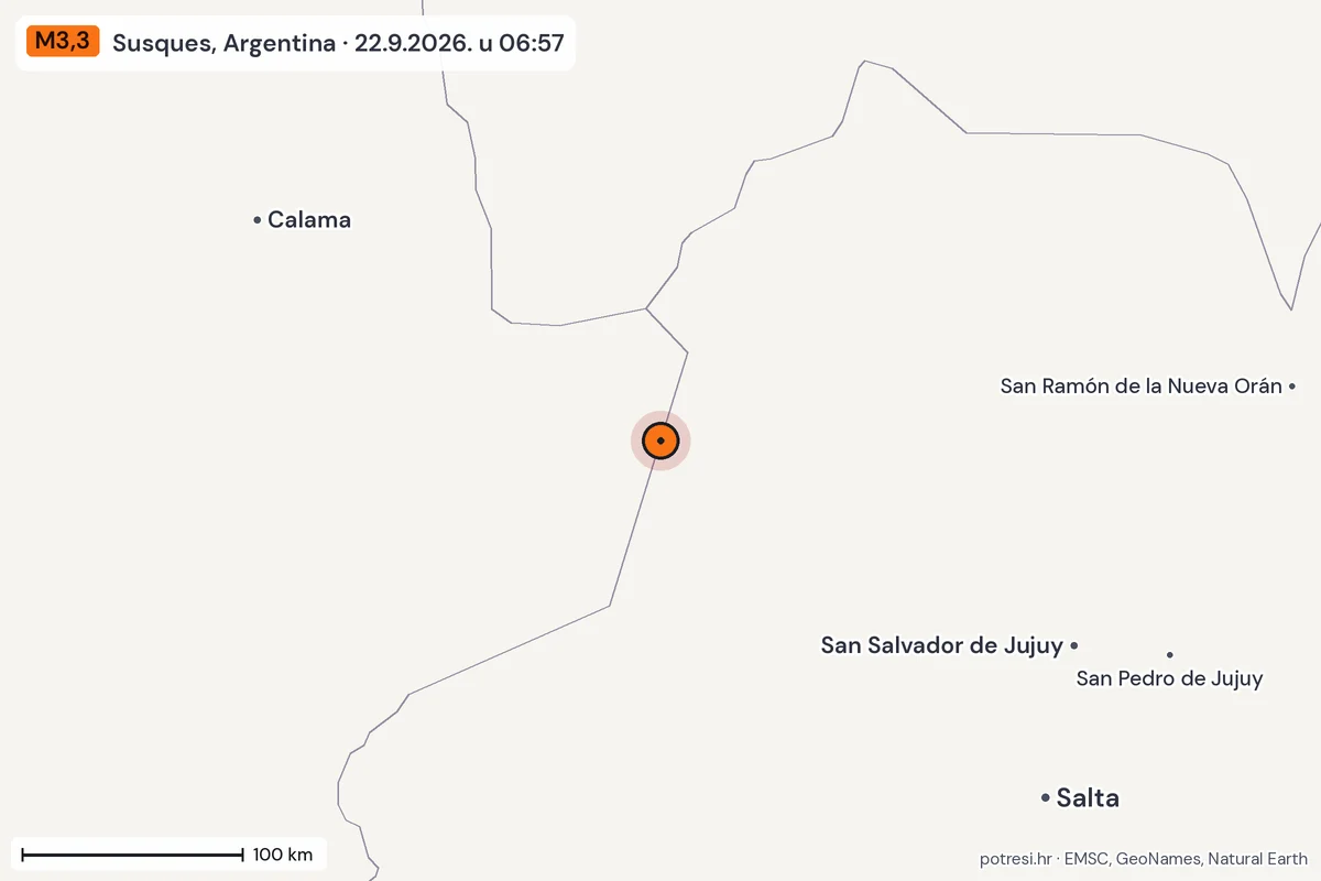 Karta: šire područje, 600 km, potres M3,3, Susques, Argentina, 22.9.2026.
