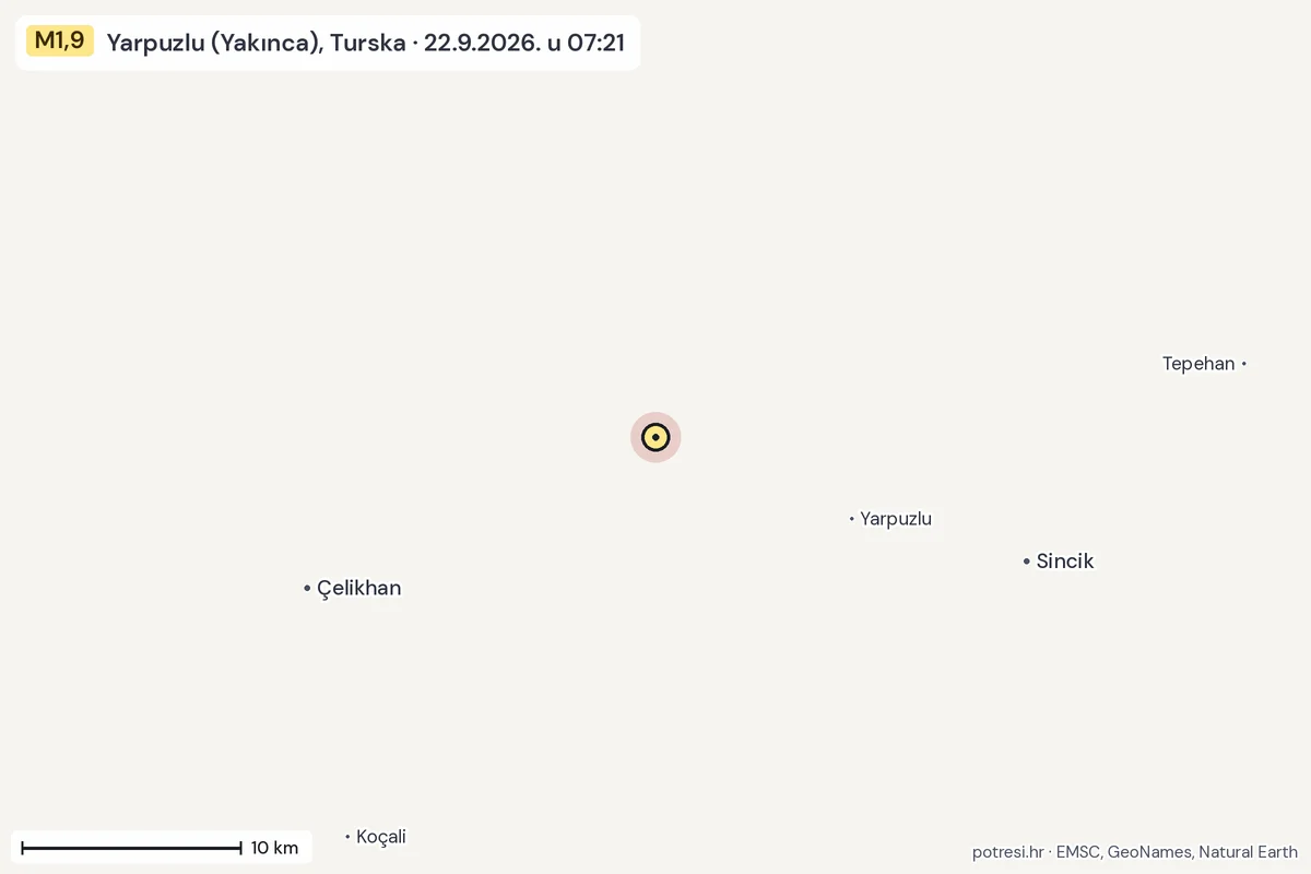 Karta: okolica epicentra, 60 km, potres M1,9, Yarpuzlu (Yakınca), Turska, 22.9.2026.