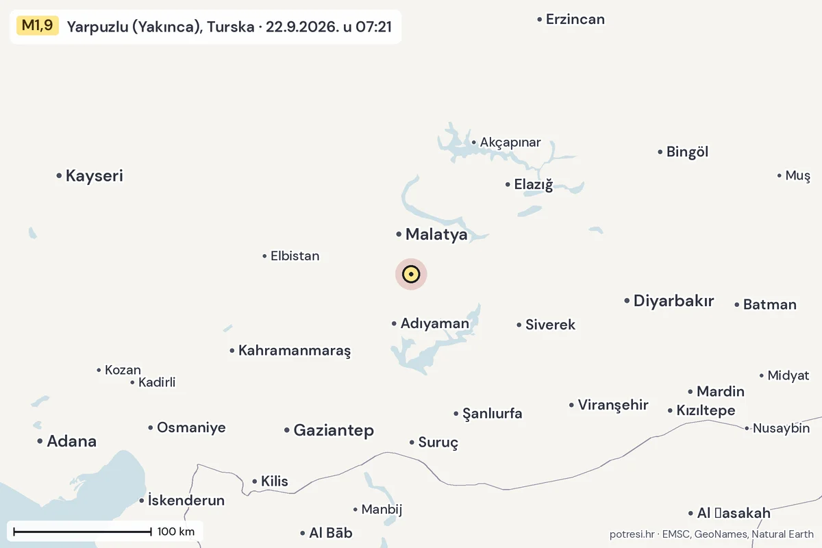 Karta: šire područje, 600 km, potres M1,9, Yarpuzlu (Yakınca), Turska, 22.9.2026.