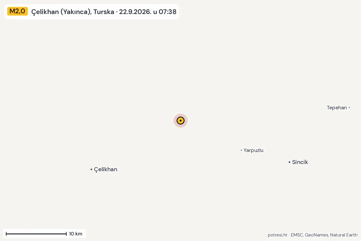 Karta: okolica epicentra, 60 km, potres M2,0, Çelikhan (Yakınca), Turska, 22.9.2026.