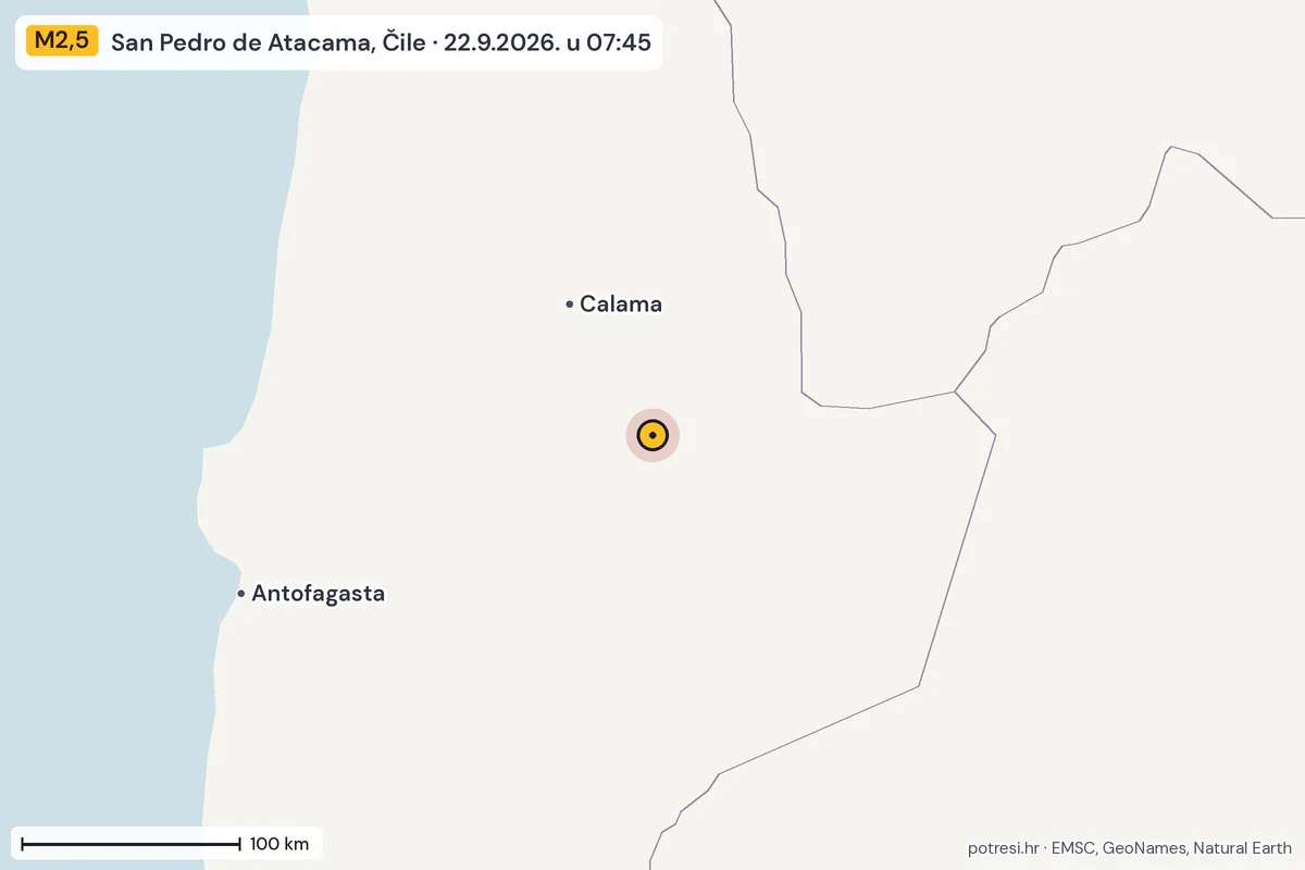 Karta: šire područje, 600 km, potres M2,5, San Pedro de Atacama, Čile, 22.9.2026.