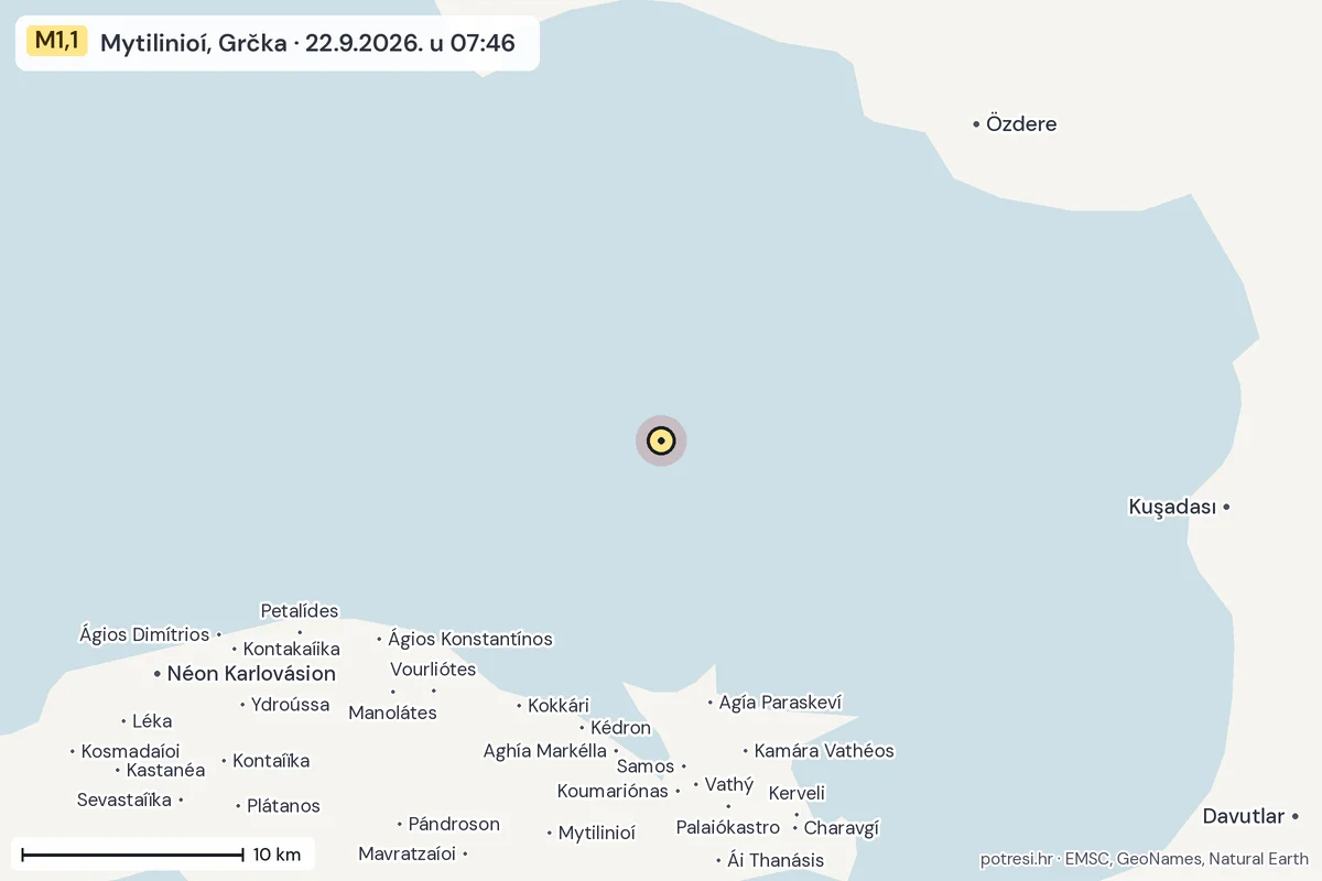 Karta: okolica epicentra, 60 km, potres M1,1, Mytilinioí, Grčka, 22.9.2026.