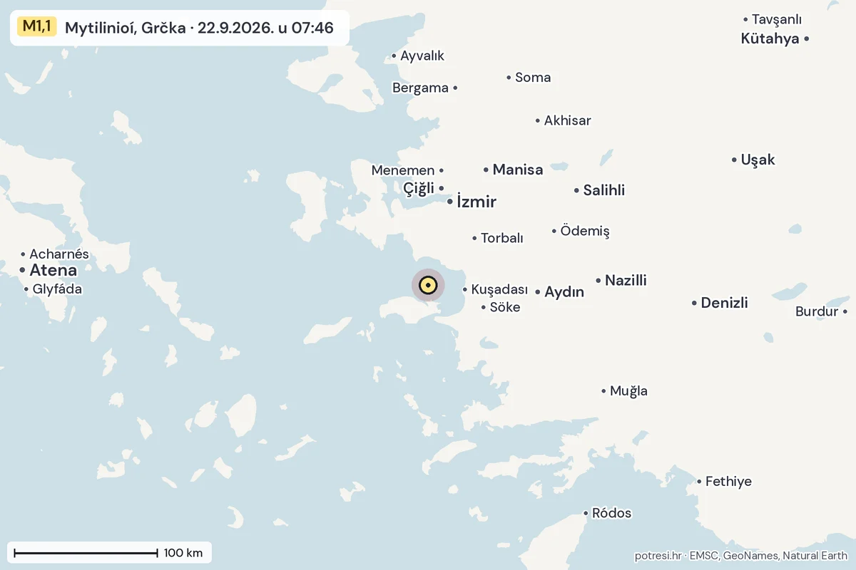 Karta: šire područje, 600 km, potres M1,1, Mytilinioí, Grčka, 22.9.2026.