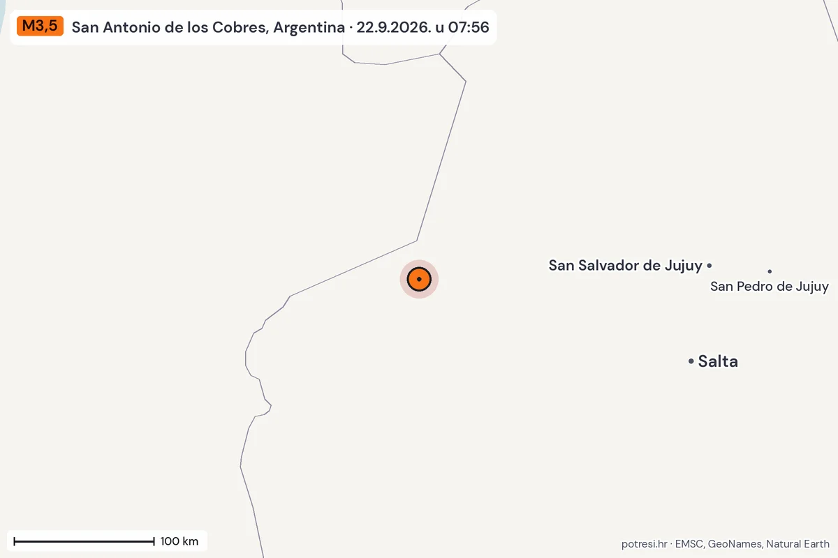 Karta: šire područje, 600 km, potres M3,5, San Antonio de los Cobres, Argentina, 22.9.2026.