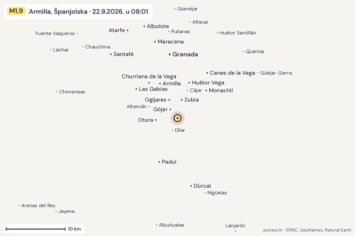 Karta: okolica epicentra, 60 km, potres M1,9, Armilla, Španjolska, 22.9.2026.