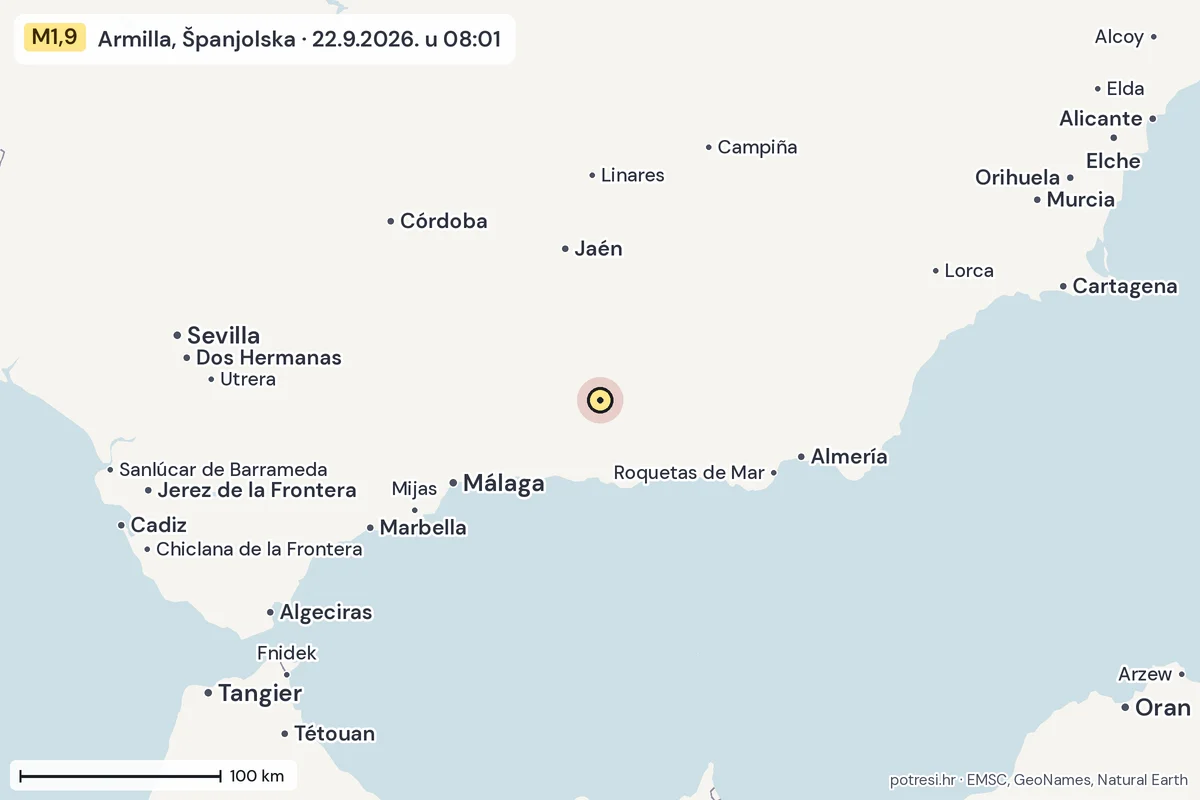 Karta: šire područje, 600 km, potres M1,9, Armilla, Španjolska, 22.9.2026.