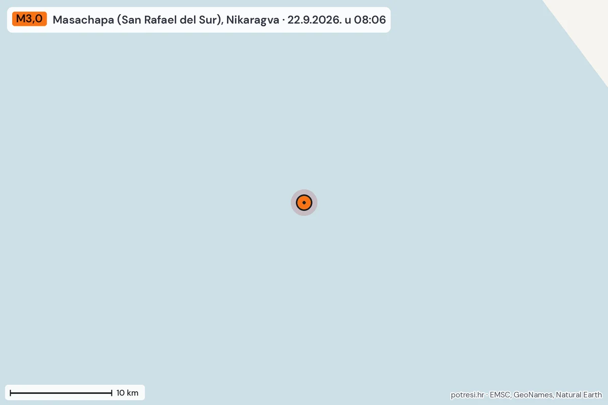 Karta: okolica epicentra, 60 km, potres M3,0, Masachapa (San Rafael del Sur), Nikaragva, 22.9.2026.
