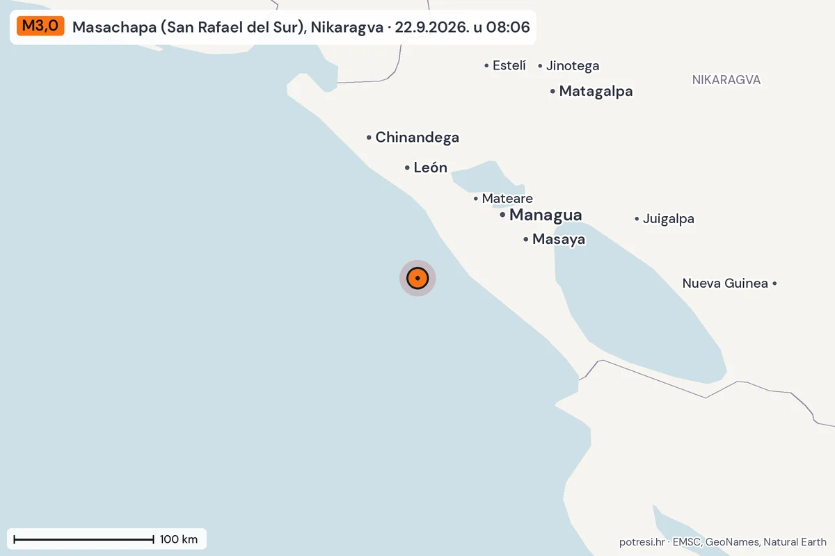 Karta: šire područje, 600 km, potres M3,0, Masachapa (San Rafael del Sur), Nikaragva, 22.9.2026.