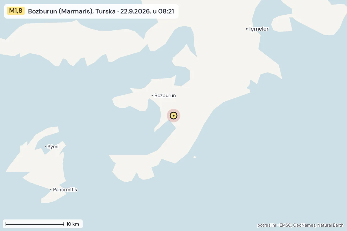 Karta: okolica epicentra, 60 km, potres M1,8, Bozburun (Marmaris), Turska, 22.9.2026.