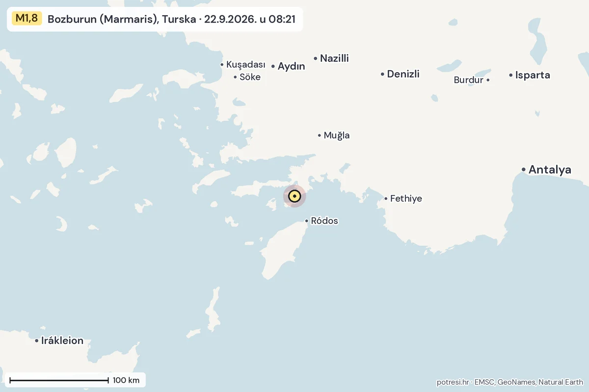 Karta: šire područje, 600 km, potres M1,8, Bozburun (Marmaris), Turska, 22.9.2026.