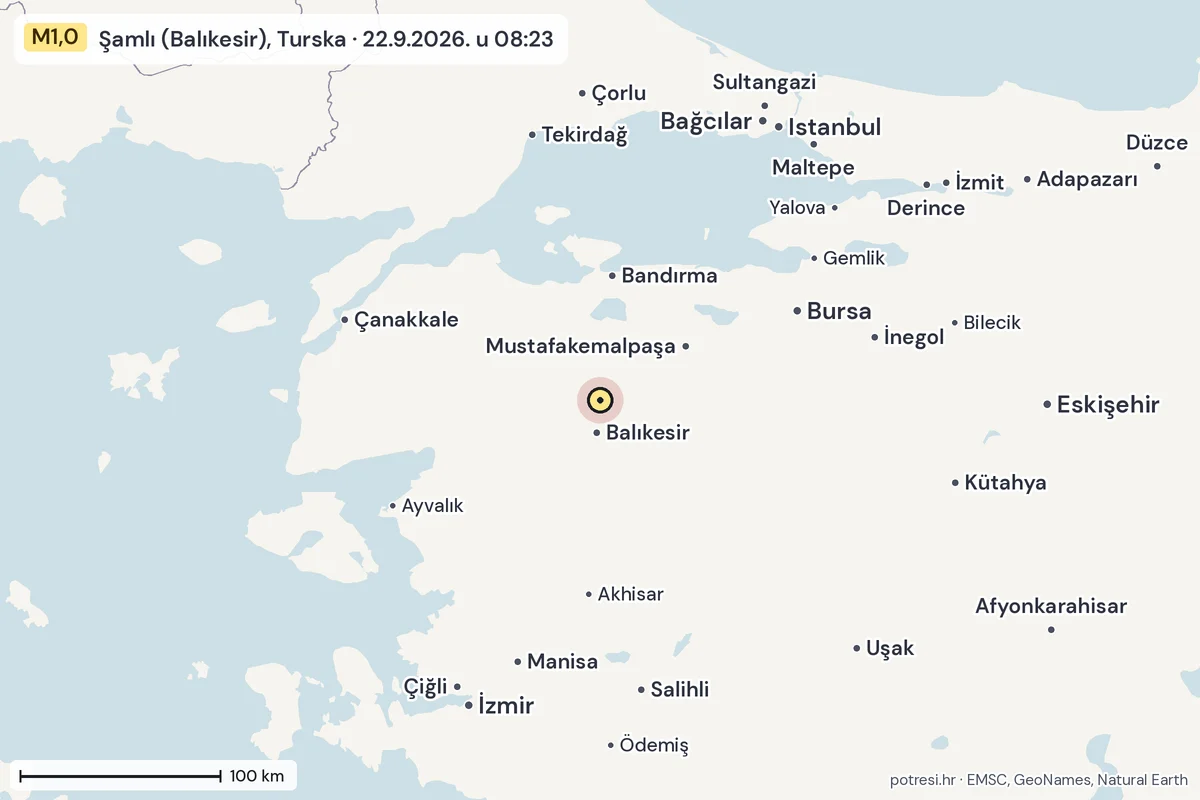 Karta: šire područje, 600 km, potres M1,0, Şamlı (Balıkesir), Turska, 22.9.2026.