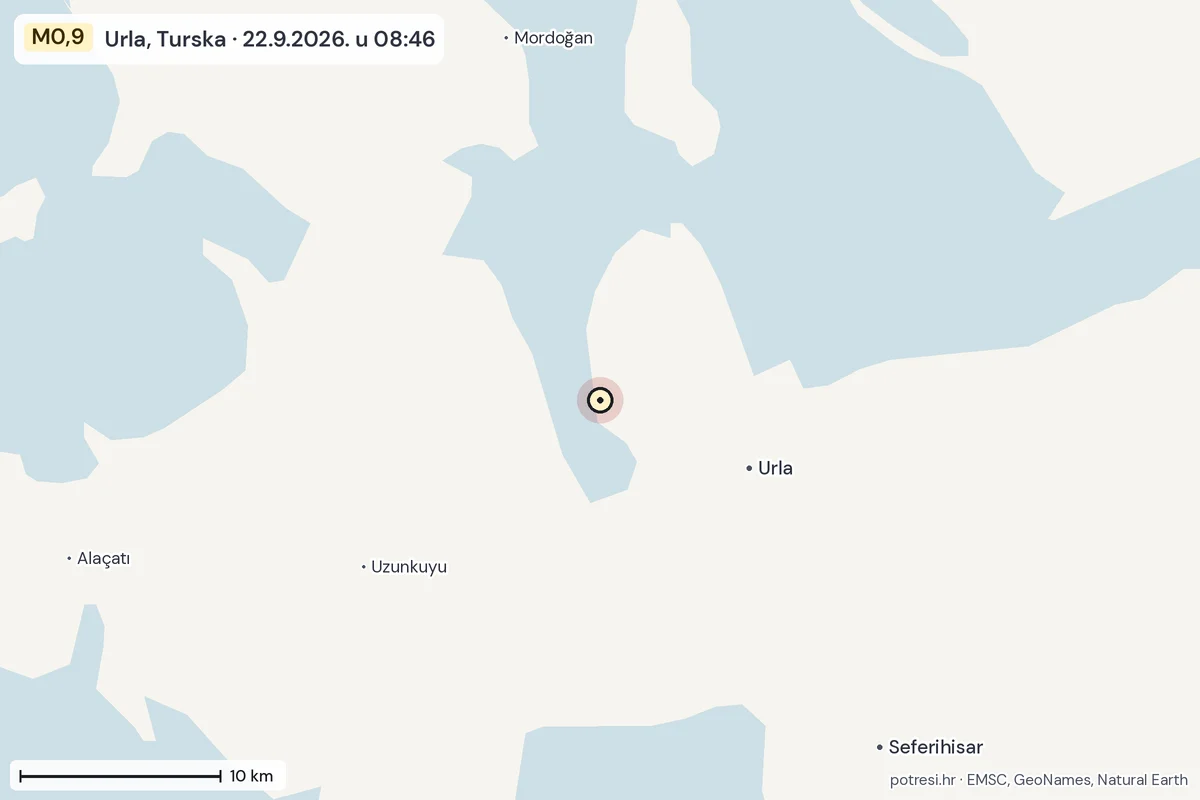 Karta: okolica epicentra, 60 km, potres M0,9, Urla, Turska, 22.9.2026.