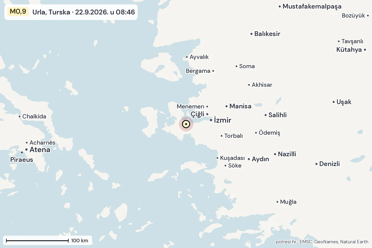 Karta: šire područje, 600 km, potres M0,9, Urla, Turska, 22.9.2026.