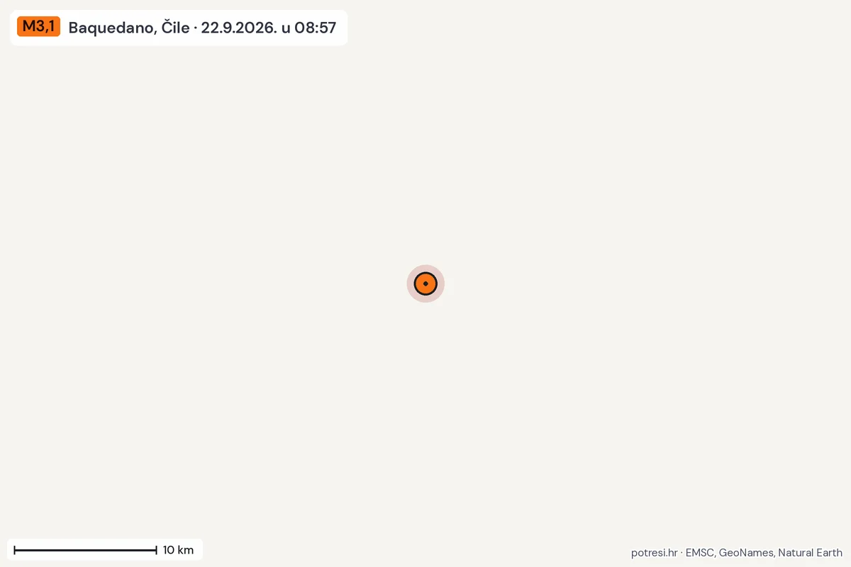 Karta: okolica epicentra, 60 km, potres M3,1, Baquedano, Čile, 22.9.2026.