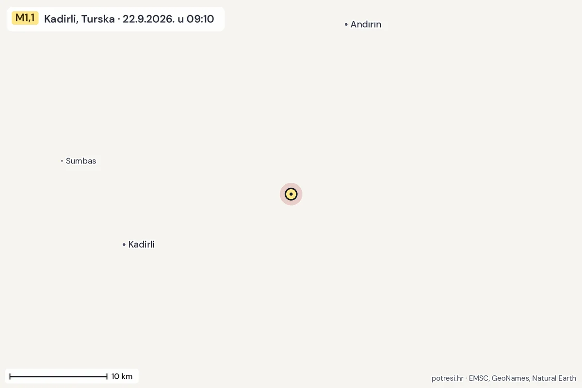 Karta: okolica epicentra, 60 km, potres M1,1, Kadirli, Turska, 22.9.2026.