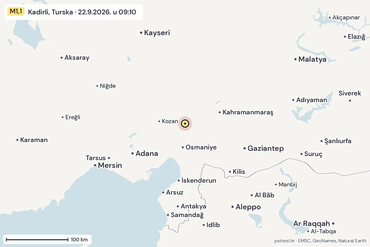 Karta: šire područje, 600 km, potres M1,1, Kadirli, Turska, 22.9.2026.