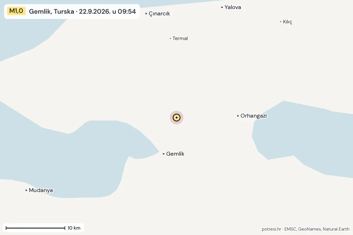 Karta: okolica epicentra, 60 km, potres M1,0, Gemlik, Turska, 22.9.2026.
