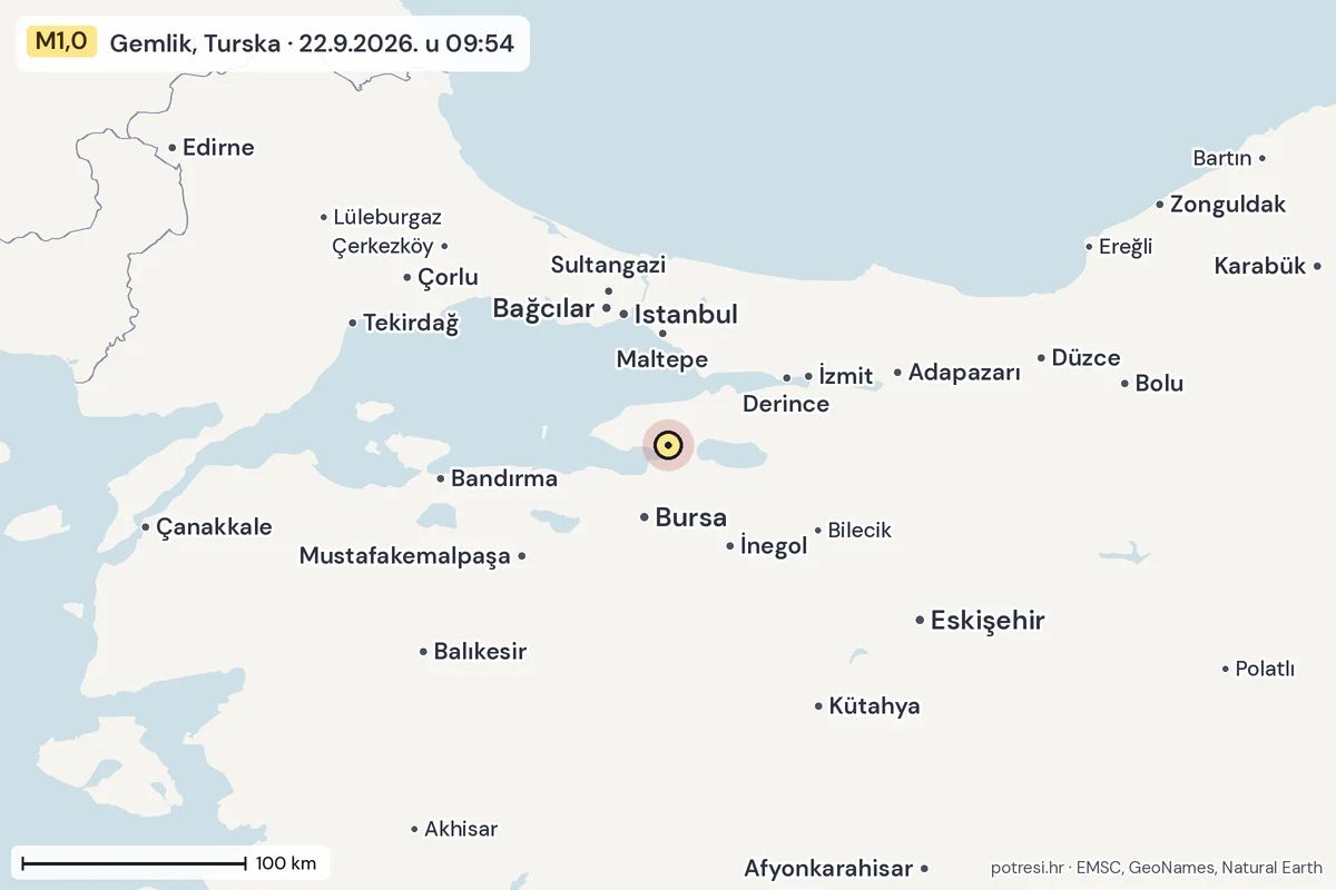 Karta: šire područje, 600 km, potres M1,0, Gemlik, Turska, 22.9.2026.