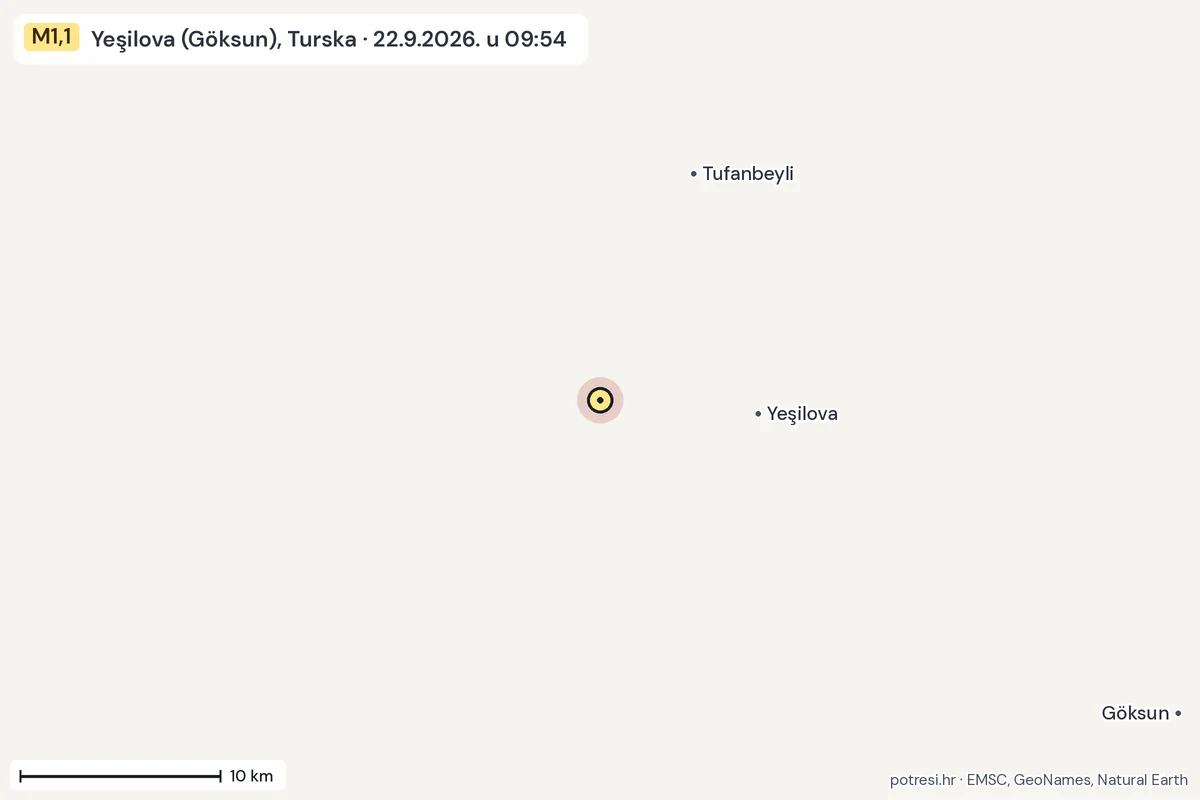 Karta: okolica epicentra, 60 km, potres M1,1, Yeşilova (Göksun), Turska, 22.9.2026.