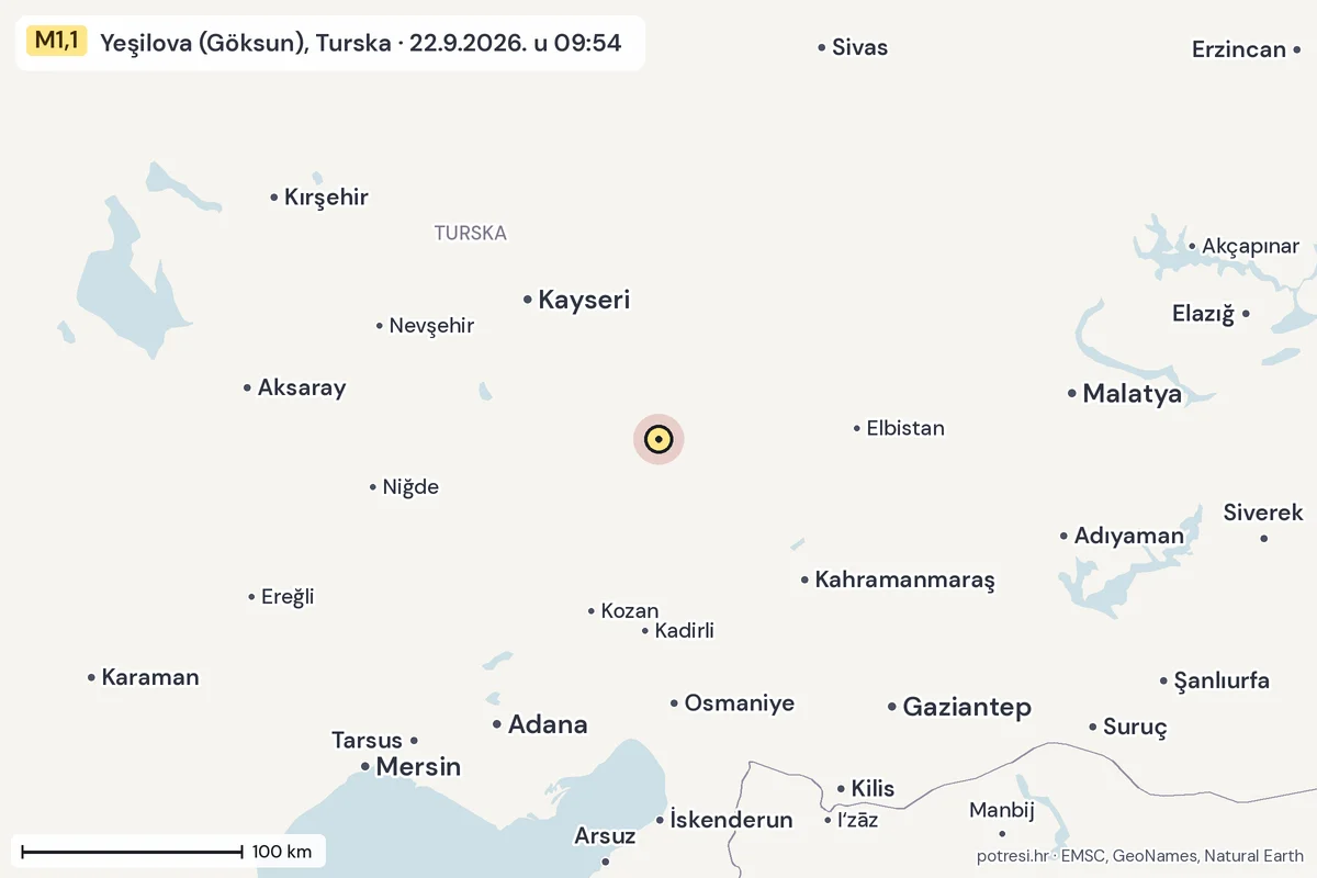 Karta: šire područje, 600 km, potres M1,1, Yeşilova (Göksun), Turska, 22.9.2026.