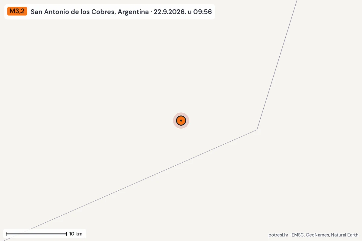 Karta: okolica epicentra, 60 km, potres M3,2, San Antonio de los Cobres, Argentina, 22.9.2026.