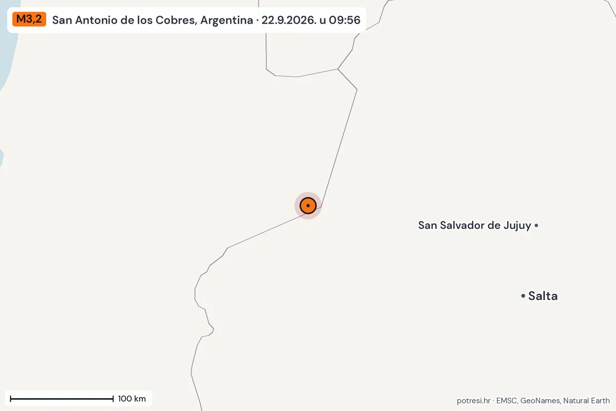 Karta: šire područje, 600 km, potres M3,2, San Antonio de los Cobres, Argentina, 22.9.2026.