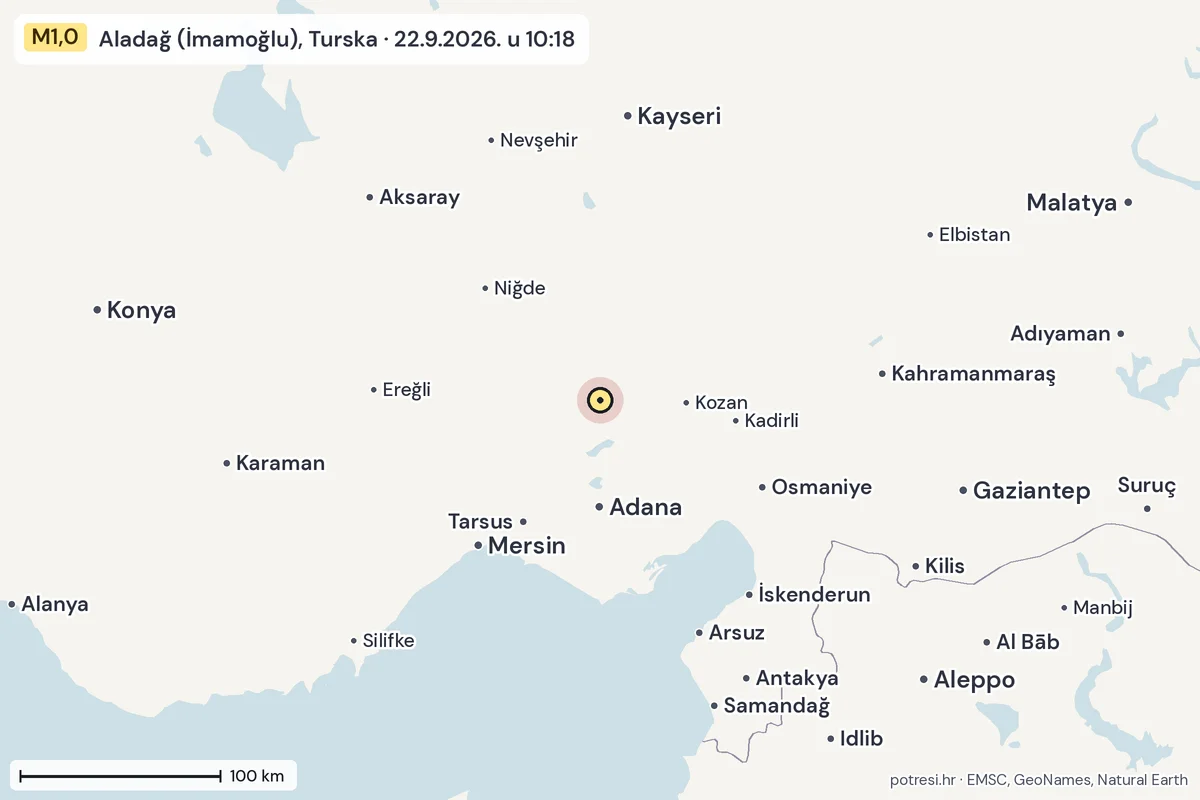 Karta: šire područje, 600 km, potres M1,0, Aladağ (İmamoğlu), Turska, 22.9.2026.