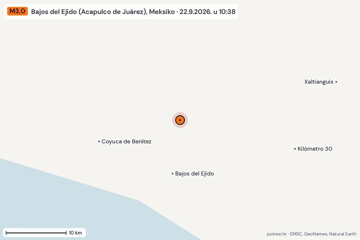Karta: okolica epicentra, 60 km, potres M3,0, Bajos del Ejido (Acapulco de Juárez), Meksiko, 22.9.2026.