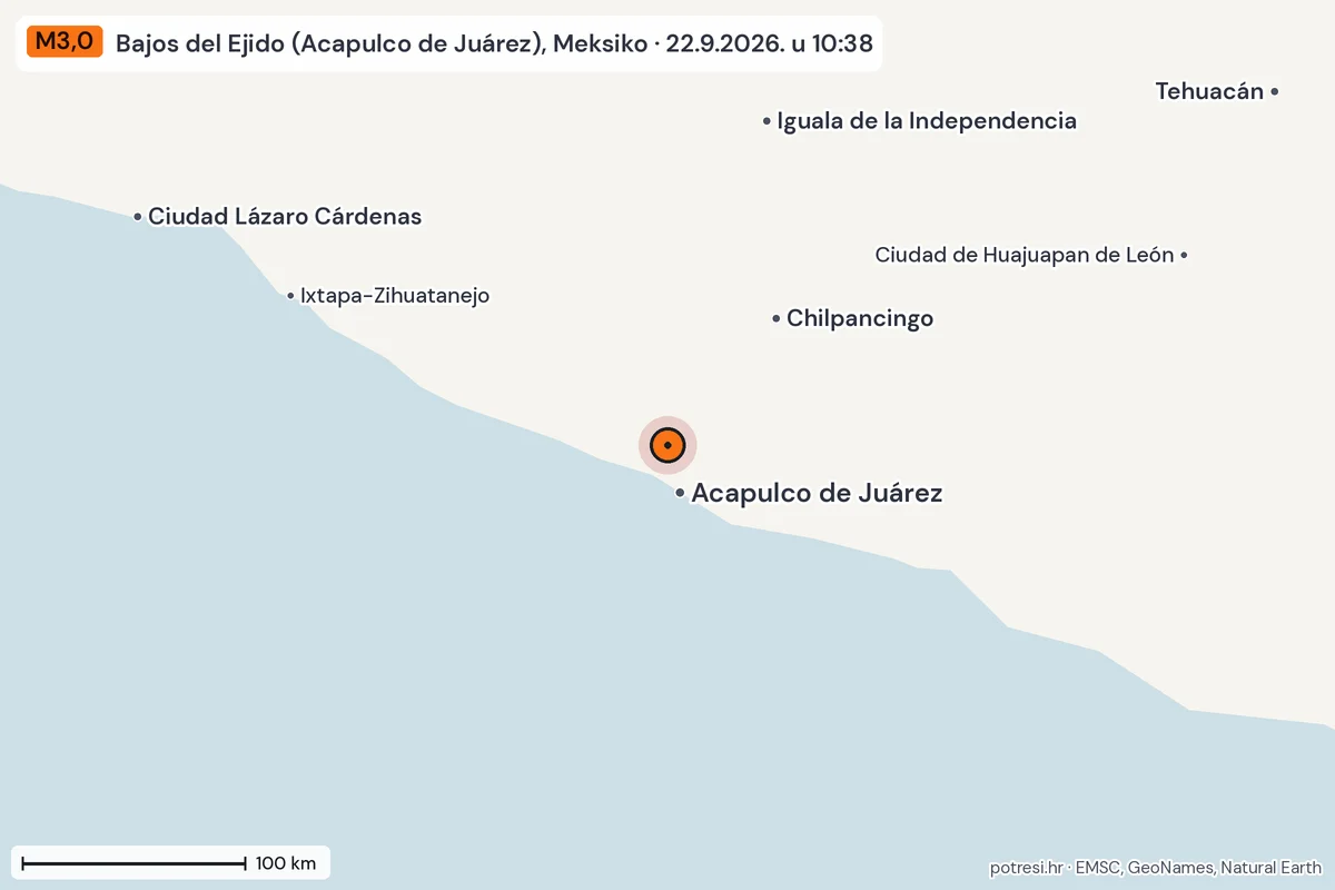 Karta: šire područje, 600 km, potres M3,0, Bajos del Ejido (Acapulco de Juárez), Meksiko, 22.9.2026.