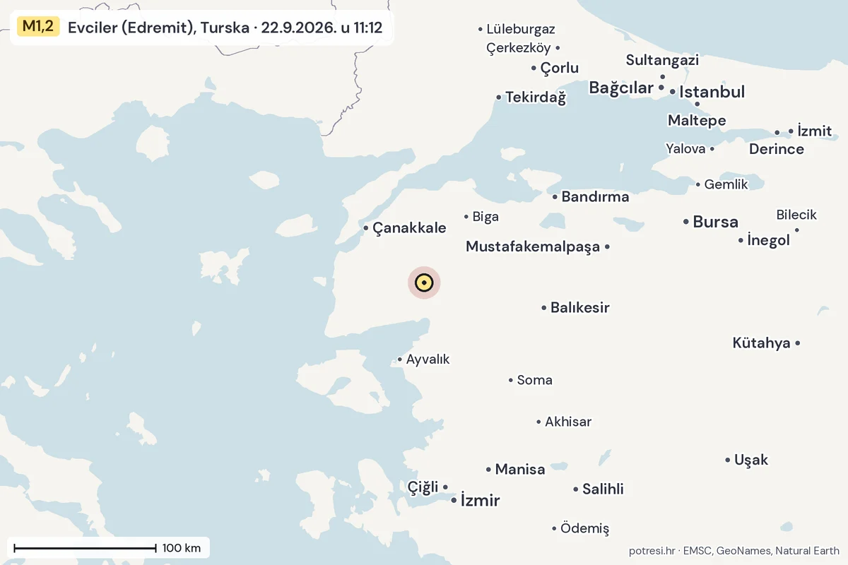 Karta: šire područje, 600 km, potres M1,2, Evciler (Edremit), Turska, 22.9.2026.