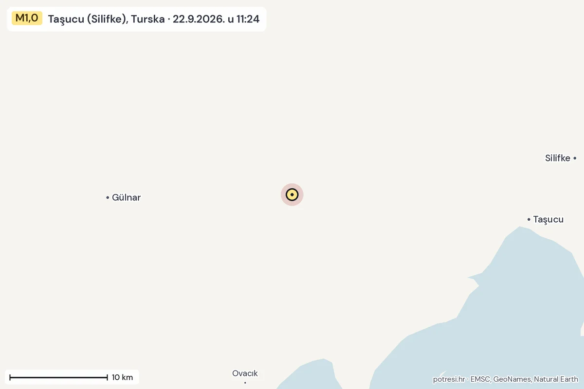 Karta: okolica epicentra, 60 km, potres M1,0, Taşucu (Silifke), Turska, 22.9.2026.