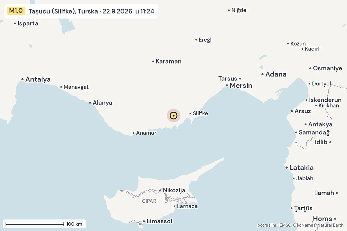 Karta: šire područje, 600 km, potres M1,0, Taşucu (Silifke), Turska, 22.9.2026.
