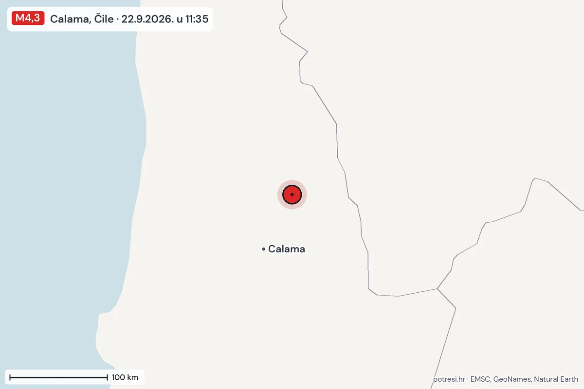 Karta: šire područje, 600 km, potres M4,3, Calama, Čile, 22.9.2026.