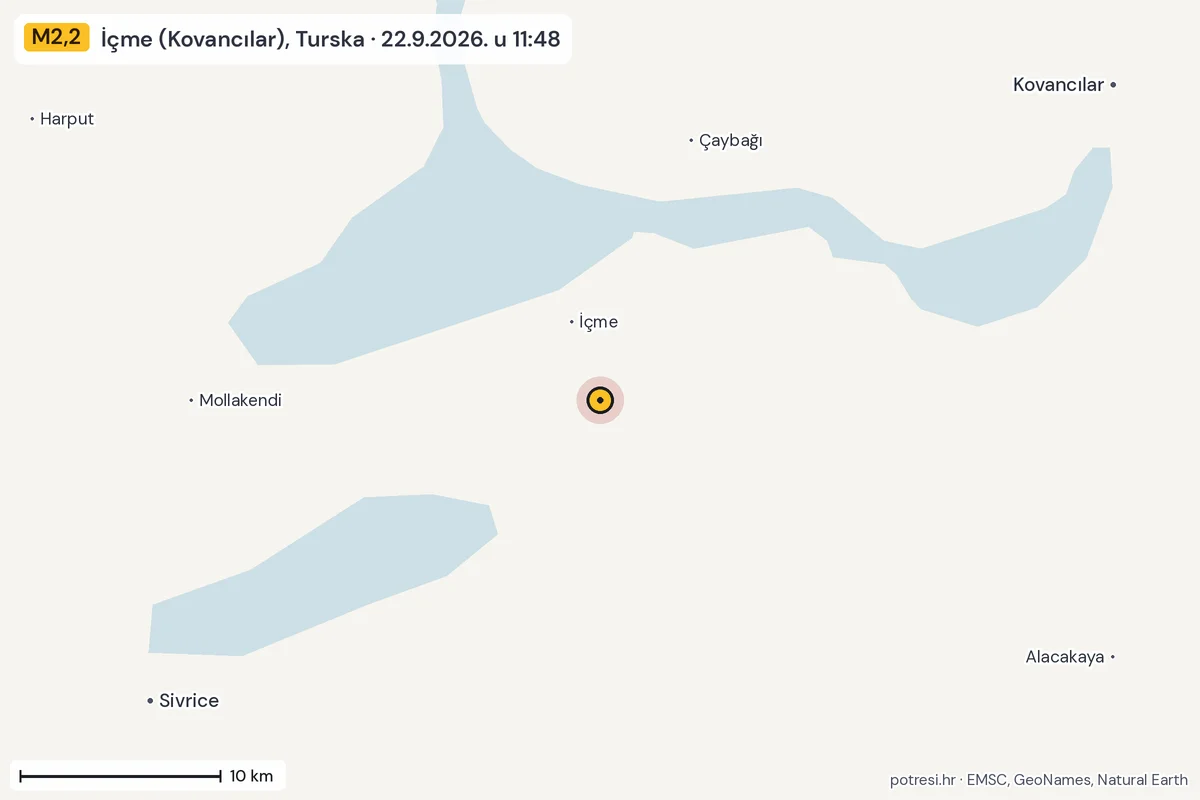 Karta: okolica epicentra, 60 km, potres M2,2, İçme (Kovancılar), Turska, 22.9.2026.