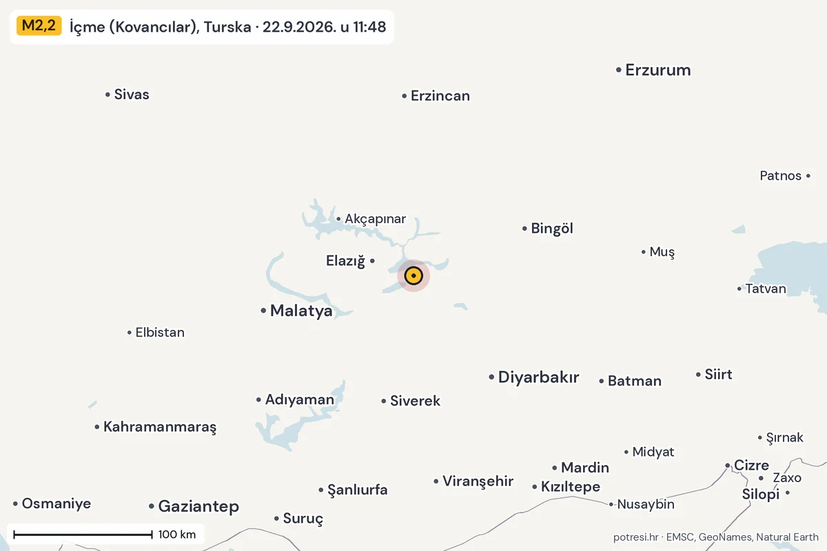 Karta: šire područje, 600 km, potres M2,2, İçme (Kovancılar), Turska, 22.9.2026.