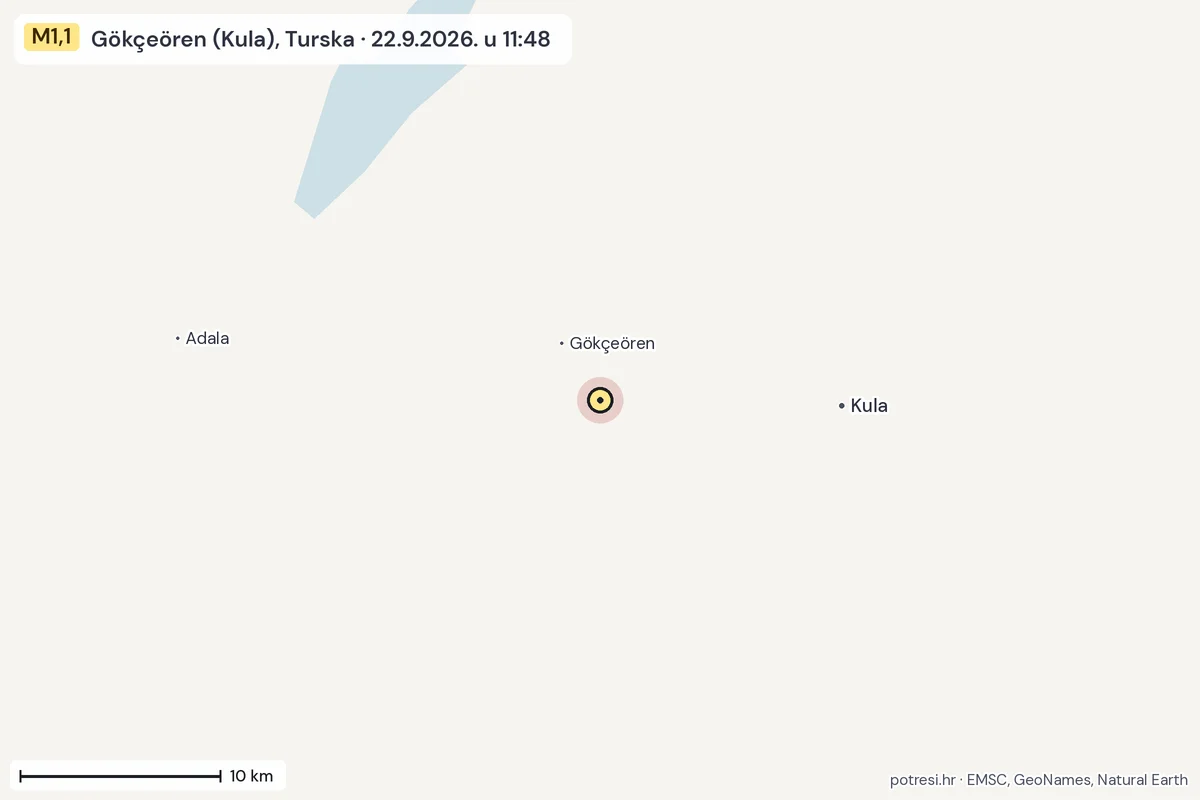 Karta: okolica epicentra, 60 km, potres M1,1, Gökçeören (Kula), Turska, 22.9.2026.