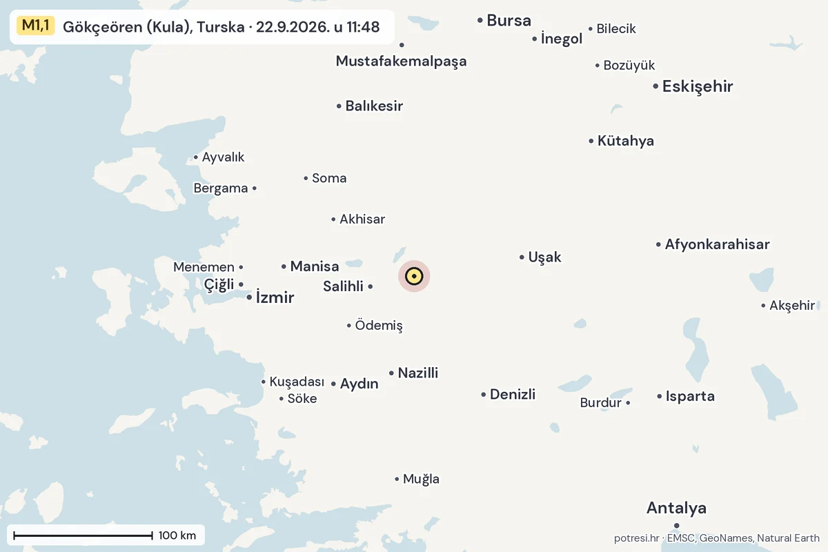 Karta: šire područje, 600 km, potres M1,1, Gökçeören (Kula), Turska, 22.9.2026.