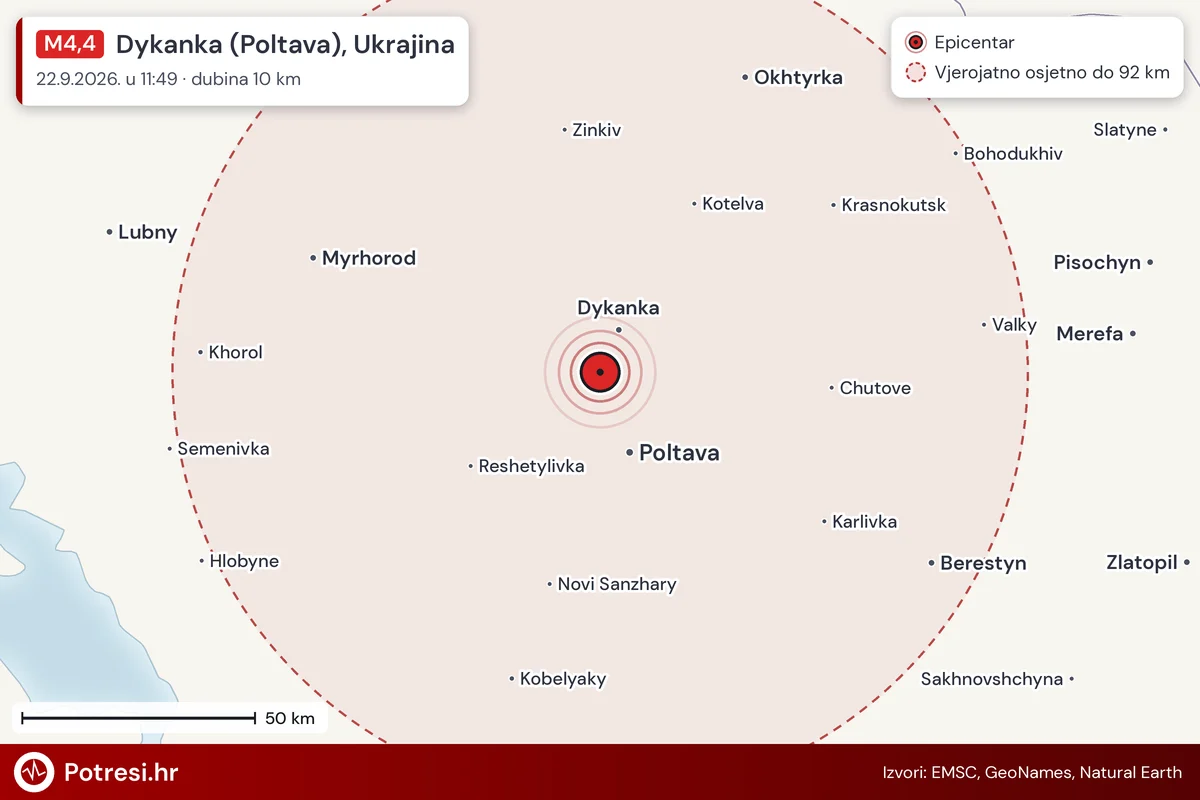 Karta: šire područje i vjerojatni doseg osjeta, potres M4,4, Dykanka (Poltava), Ukrajina, 22.9.2026.