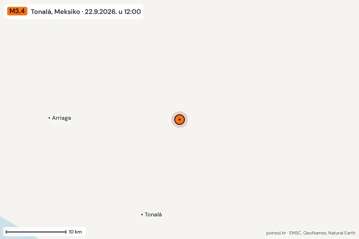 Karta: okolica epicentra, 60 km, potres M3,4, Tonalá, Meksiko, 22.9.2026.