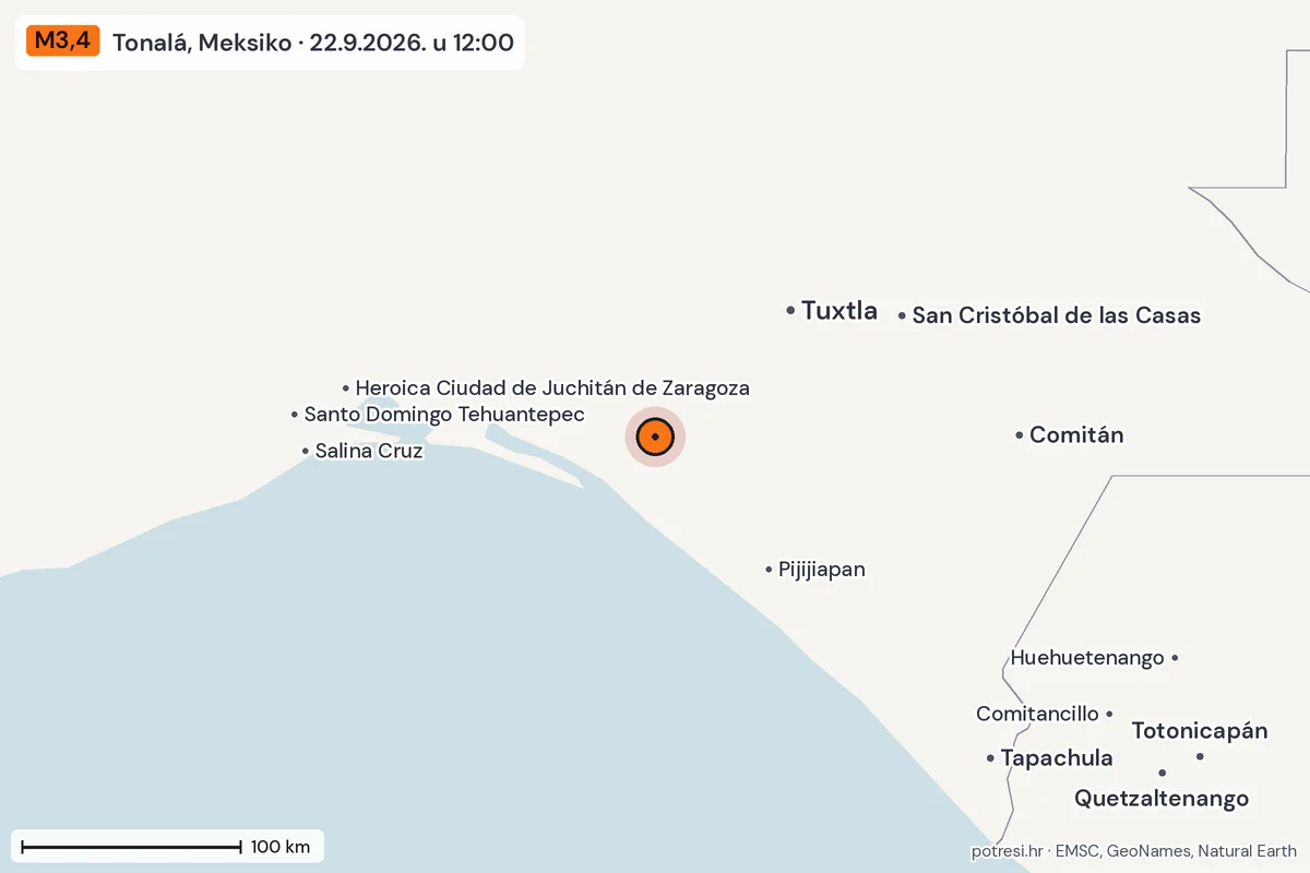 Karta: šire područje, 600 km, potres M3,4, Tonalá, Meksiko, 22.9.2026.