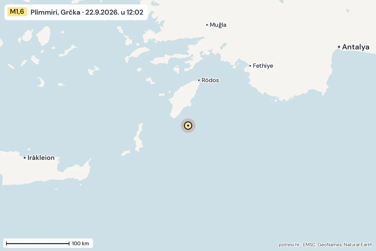 Karta: šire područje, 600 km, potres M1,6, Plimmiri, Grčka, 22.9.2026.