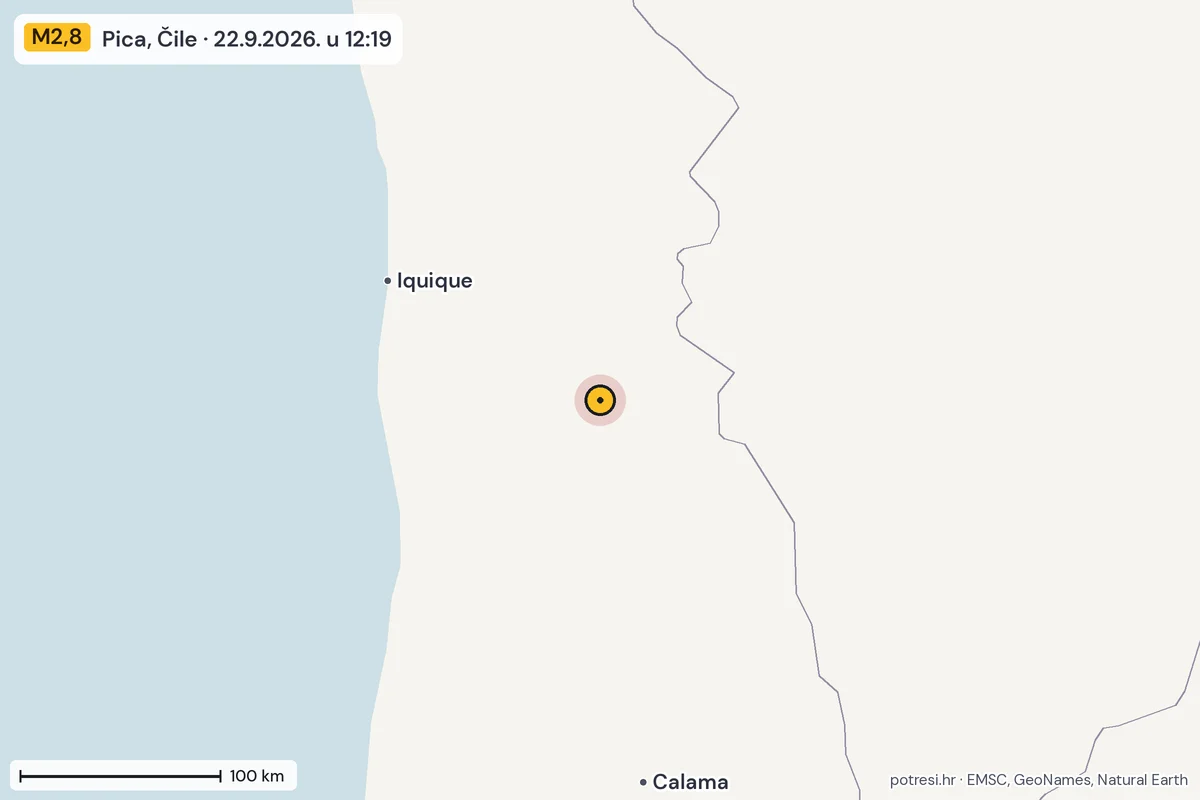 Karta: šire područje, 600 km, potres M2,8, Pica, Čile, 22.9.2026.