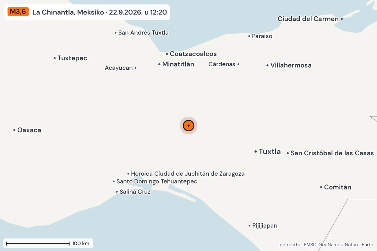 Karta: šire područje, 600 km, potres M3,6, La Chinantla, Meksiko, 22.9.2026.