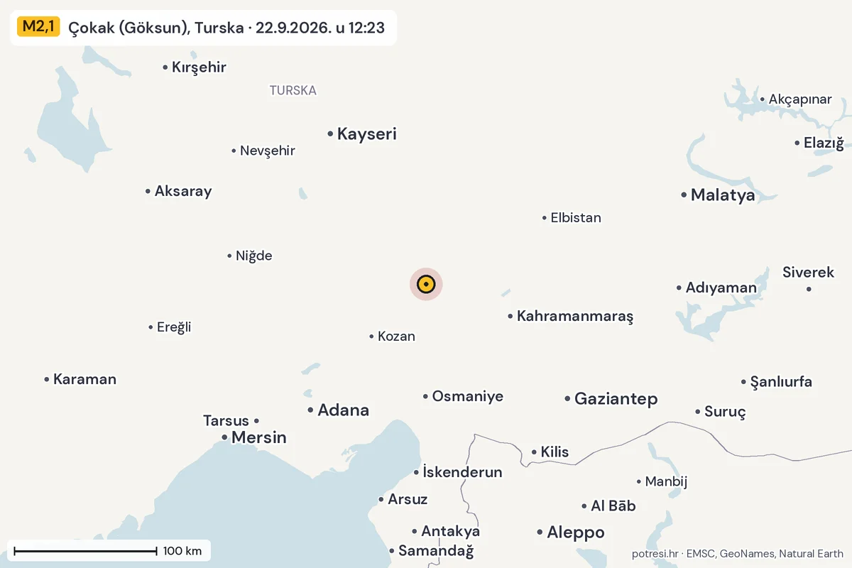 Karta: šire područje, 600 km, potres M2,1, Çokak (Göksun), Turska, 22.9.2026.