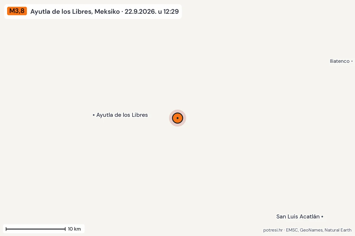 Karta: okolica epicentra, 60 km, potres M3,8, Ayutla de los Libres, Meksiko, 22.9.2026.