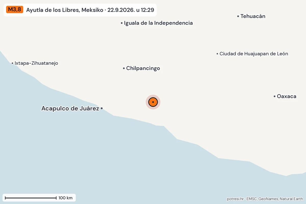 Karta: šire područje, 600 km, potres M3,8, Ayutla de los Libres, Meksiko, 22.9.2026.